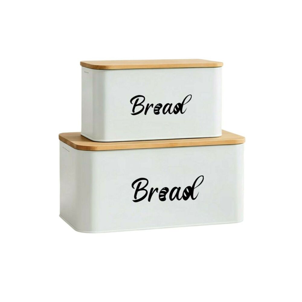 NEW Metal Bread Box Set of 2 Bamboo Lids White Black Lettering